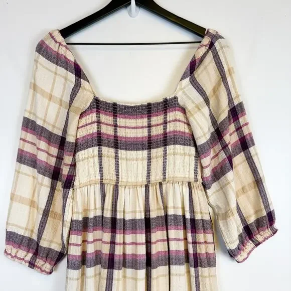 Marine Layer Ivy Smocked Maxi Long Plaid Dress Beige Purple - XS - Picture 7 of 9
